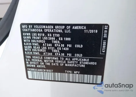 2019 Volkswagen Atlas 3.6L V6 Sel R-Line из США, поврежденный, VIN 1V2RR2CA6KC619327